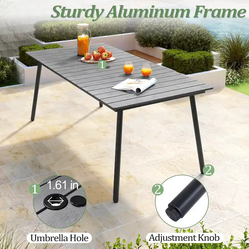 Outdoor Patio Rectangular Aluminum Dining Table Set with Umbrella Hole with Rattan Chair