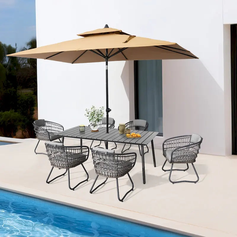 Outdoor Patio Rectangular Aluminum Dining Table Set with Umbrella Hole with Rattan Chair