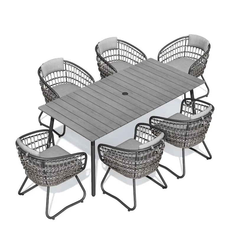 Outdoor Patio Rectangular Aluminum Dining Table Set with Umbrella Hole with Rattan Chair