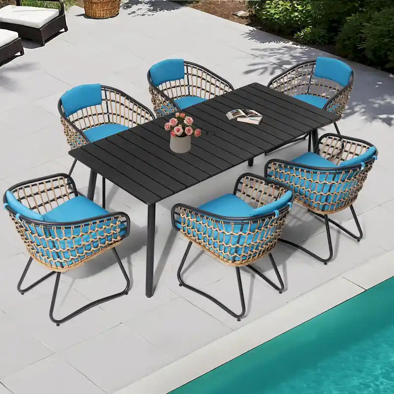 Outdoor Patio Rectangular Aluminum Dining Table Set with Umbrella Hole with Rattan Chair