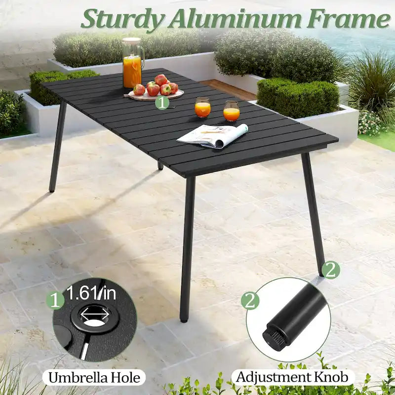 Outdoor Patio Rectangular Aluminum Dining Table Set with Umbrella Hole with Rattan Chair