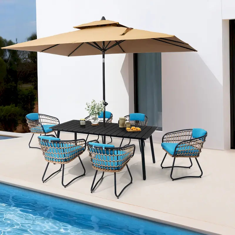 Outdoor Patio Rectangular Aluminum Dining Table Set with Umbrella Hole with Rattan Chair
