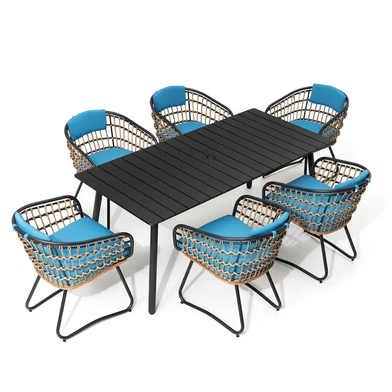 Outdoor Patio Rectangular Aluminum Dining Table Set with Umbrella Hole with Rattan Chair