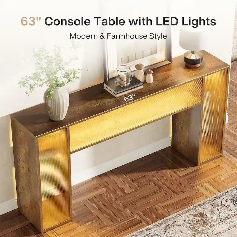 63 Inches Farmhouse Console Sofa Table with LED Lights for Entryway - 62.99 W x 11.81 D x 33.07 H