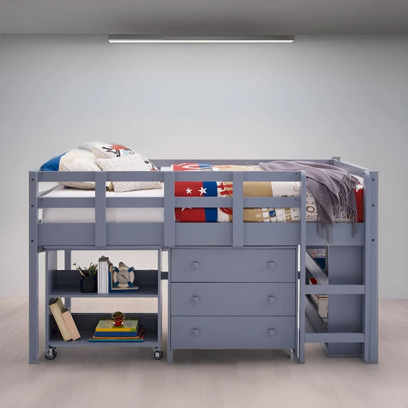 Letto a soppalco basso per bambini con scrivania e contenitore - Letto a soppalco in legno di pino con armadietto e spazio studio