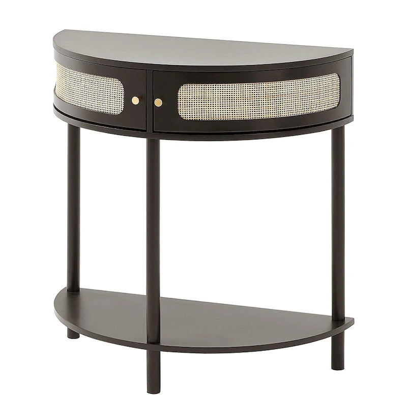 Half-Moon Rattan Console Table with Drawers & Sliding Door - 31.88 x 15.74 x 32.28 inch