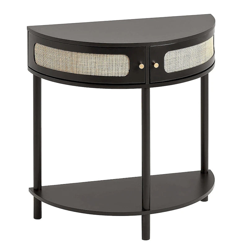Half-Moon Rattan Console Table with Drawers & Sliding Door - 31.88 x 15.74 x 32.28 inch