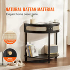Half-Moon Rattan Console Table with Drawers & Sliding Door - 31.88 x 15.74 x 32.28 inch