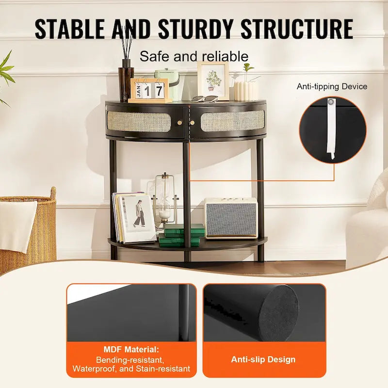 Half-Moon Rattan Console Table with Drawers & Sliding Door - 31.88 x 15.74 x 32.28 inch