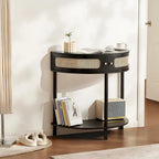 Half-Moon Rattan Console Table with Drawers & Sliding Door - 31.88 x 15.74 x 32.28 inch