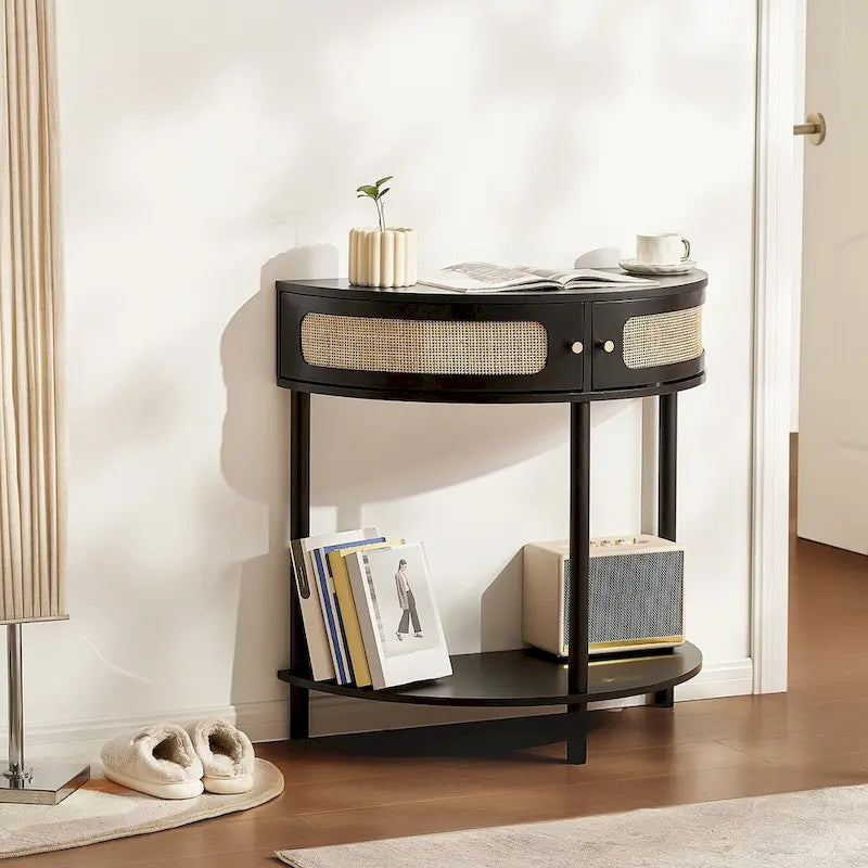 Half-Moon Rattan Console Table with Drawers & Sliding Door - 31.88 x 15.74 x 32.28 inch