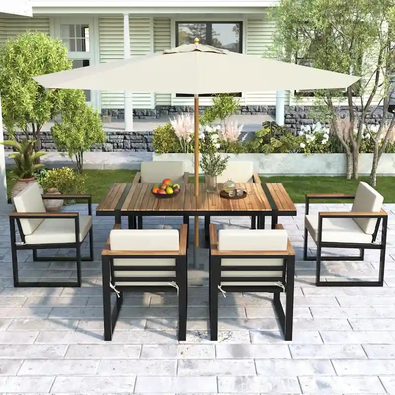 Set da Pranzo Moderno per Esterni da 7 Pezzi con Cuscini Rimovibili, Tavolo e Sedie per Patio, Giardino, 7 Pezzi