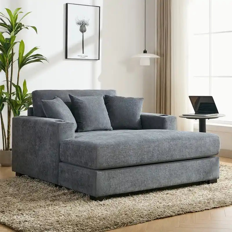 Chaise longue oversize in ciniglia, divano letto a poltrona 39,7/43,5/55 con cuscini, stazione di ricarica e portabicchieri