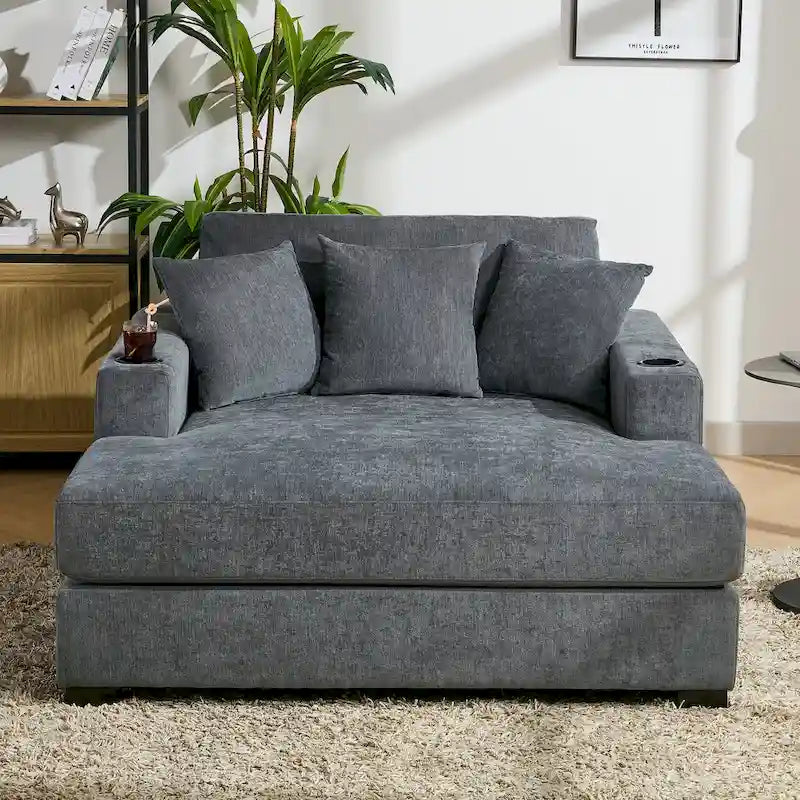 Chaise longue oversize in ciniglia, divano letto a poltrona 39,7/43,5/55 con cuscini, stazione di ricarica e portabicchieri