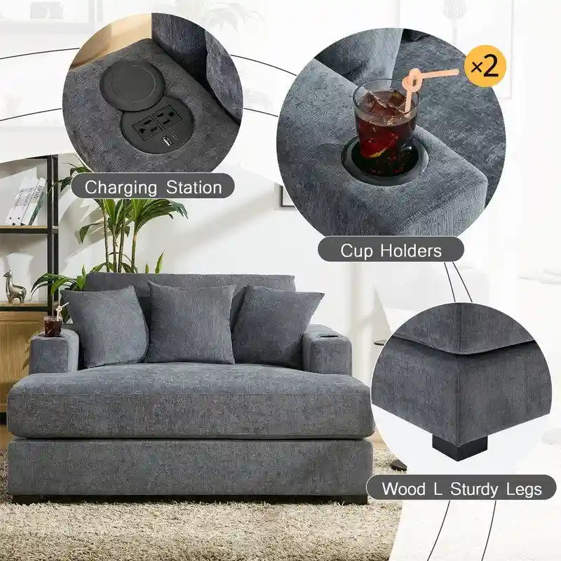 Chaise longue oversize in ciniglia, divano letto a poltrona 39,7/43,5/55 con cuscini, stazione di ricarica e portabicchieri