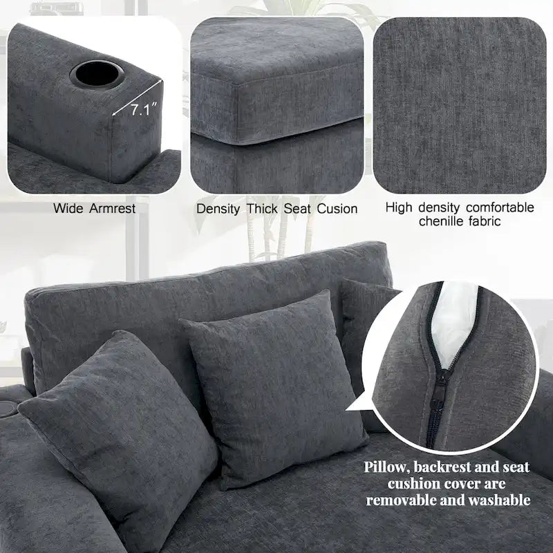 Chaise longue oversize in ciniglia, divano letto a poltrona 39,7/43,5/55 con cuscini, stazione di ricarica e portabicchieri