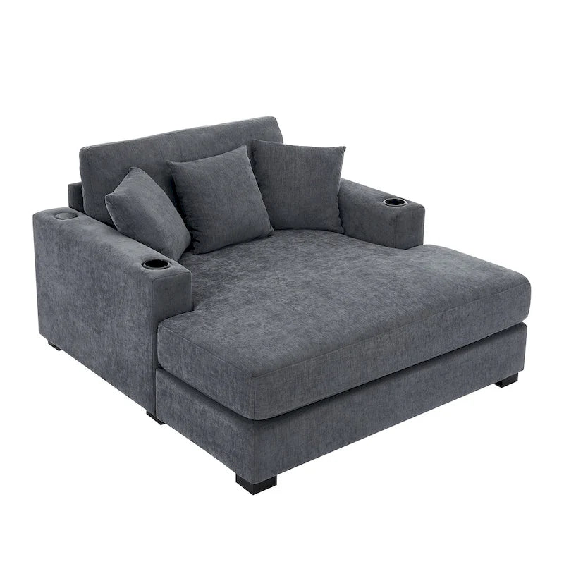 Chaise longue oversize in ciniglia, divano letto a poltrona 39,7/43,5/55 con cuscini, stazione di ricarica e portabicchieri