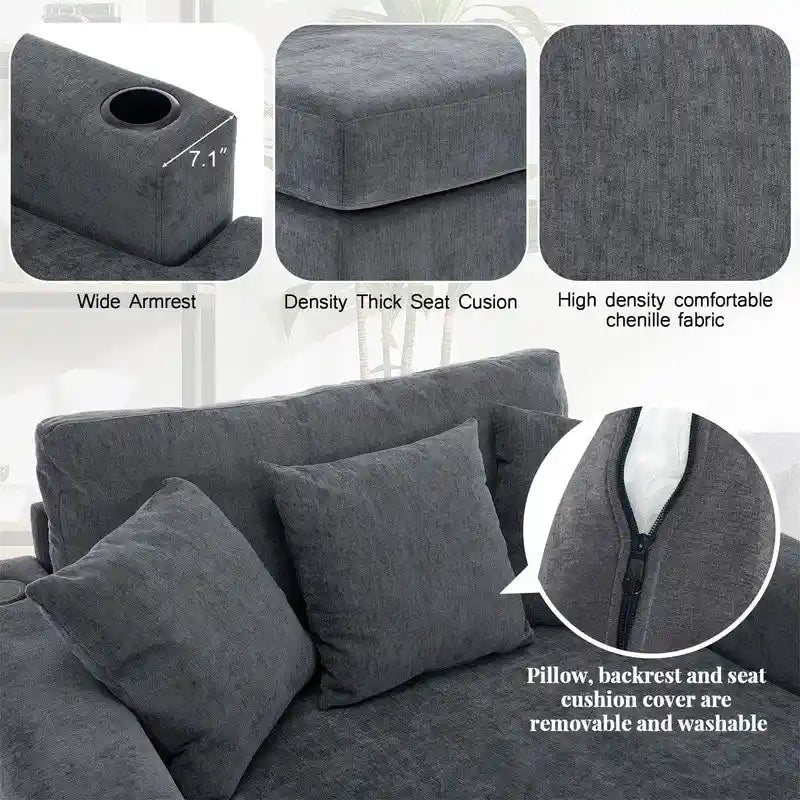 Chaise longue oversize in ciniglia, divano letto a poltrona 39,7/43,5/55 con cuscini, stazione di ricarica e portabicchieri