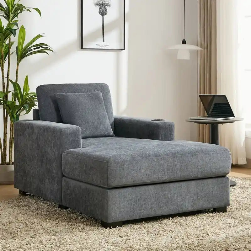 Chaise longue oversize in ciniglia, divano letto a poltrona 39,7/43,5/55 con cuscini, stazione di ricarica e portabicchieri