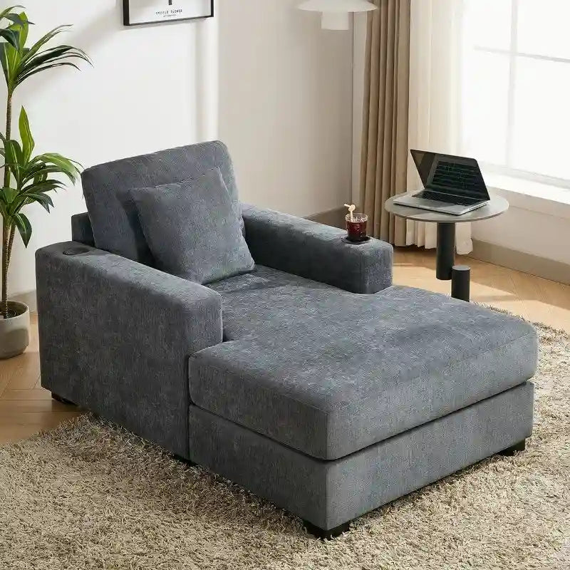 Chaise longue oversize in ciniglia, divano letto a poltrona 39,7/43,5/55 con cuscini, stazione di ricarica e portabicchieri