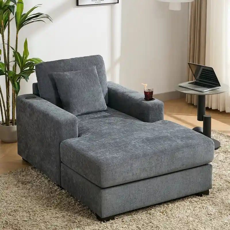 Chaise longue oversize in ciniglia, divano letto a poltrona 39,7/43,5/55 con cuscini, stazione di ricarica e portabicchieri