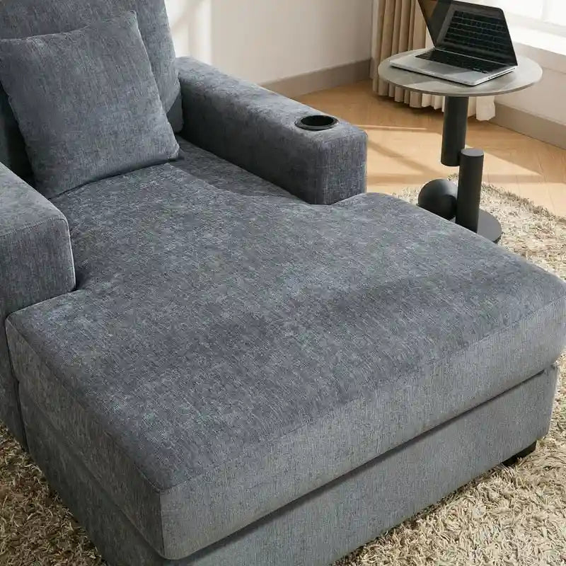 Chaise longue oversize in ciniglia, divano letto a poltrona 39,7/43,5/55 con cuscini, stazione di ricarica e portabicchieri