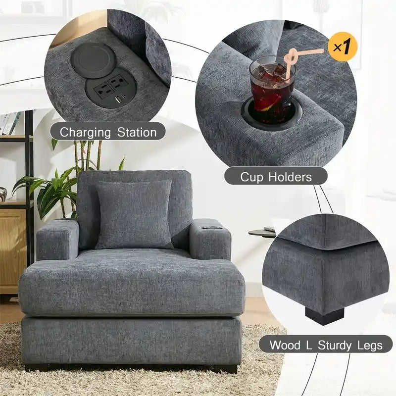 Chaise longue oversize in ciniglia, divano letto a poltrona 39,7/43,5/55 con cuscini, stazione di ricarica e portabicchieri