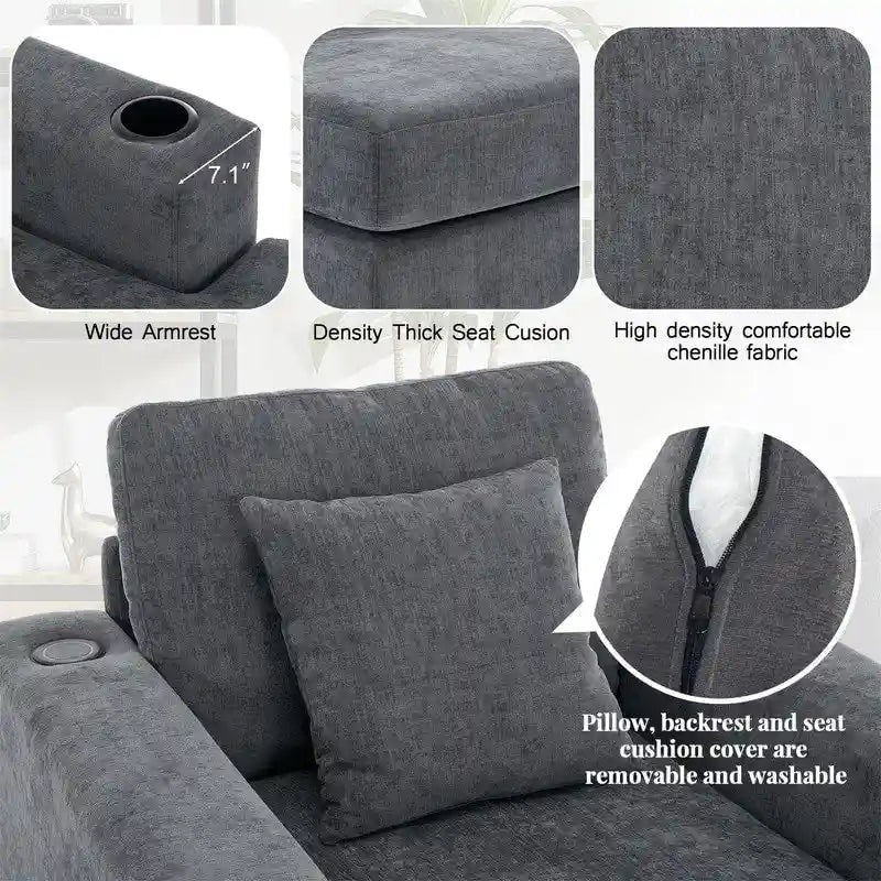 Chaise longue oversize in ciniglia, divano letto a poltrona 39,7/43,5/55 con cuscini, stazione di ricarica e portabicchieri