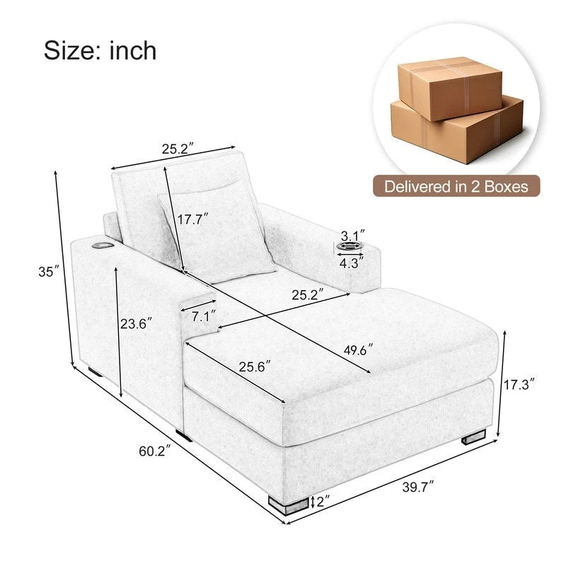 Chaise longue oversize in ciniglia, divano letto a poltrona 39,7/43,5/55 con cuscini, stazione di ricarica e portabicchieri