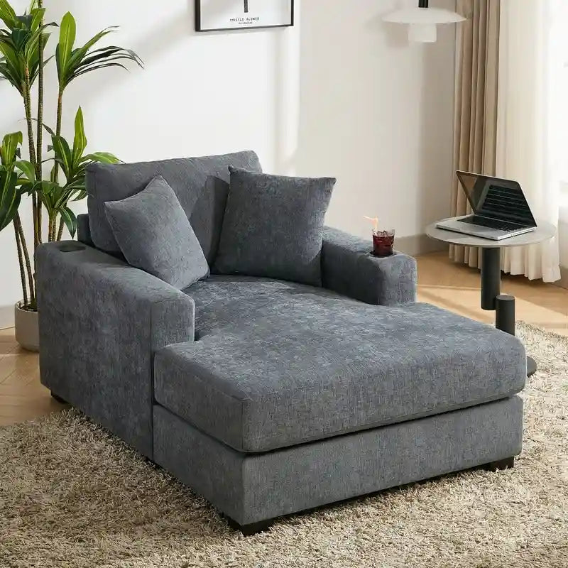 Chaise longue oversize in ciniglia, divano letto a poltrona 39,7/43,5/55 con cuscini, stazione di ricarica e portabicchieri