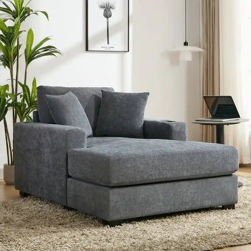 Chaise longue oversize in ciniglia, divano letto a poltrona 39,7/43,5/55 con cuscini, stazione di ricarica e portabicchieri