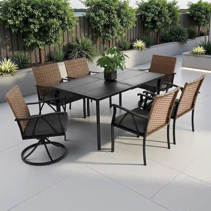 7-Piece Outdoor Patio Steel Dining Set with 59 Rectangular Table, 2 Swivel Rocker & 4 Armchairs, and Rattan Backrest