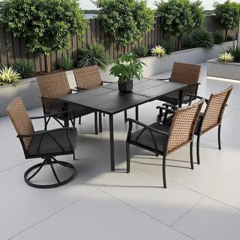 7-Piece Outdoor Patio Steel Dining Set with 59 Rectangular Table, 2 Swivel Rocker & 4 Armchairs, and Rattan Backrest