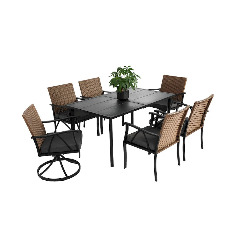7-Piece Outdoor Patio Steel Dining Set with 59 Rectangular Table, 2 Swivel Rocker & 4 Armchairs, and Rattan Backrest
