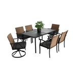 7-Piece Outdoor Patio Steel Dining Set with 59 Rectangular Table, 2 Swivel Rocker & 4 Armchairs, and Rattan Backrest