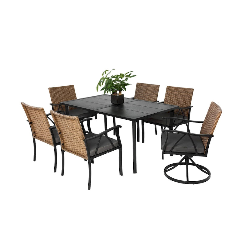 7-Piece Outdoor Patio Steel Dining Set with 59 Rectangular Table, 2 Swivel Rocker & 4 Armchairs, and Rattan Backrest