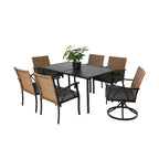 7-Piece Outdoor Patio Steel Dining Set with 59 Rectangular Table, 2 Swivel Rocker & 4 Armchairs, and Rattan Backrest