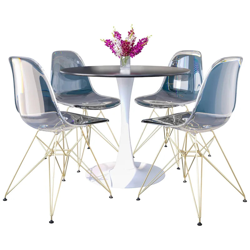 Set da pranzo Bristol 5 pezzi Tavolo rotondo da 35 pollici e 4 sedie in plastica con base dorata