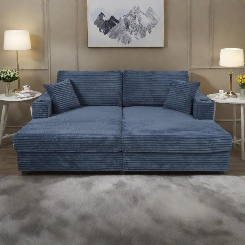 86.5 Corduroy Chaise Lounge Sofa Bed with USB Ports, Cup Holders and 8 Thick Cushions