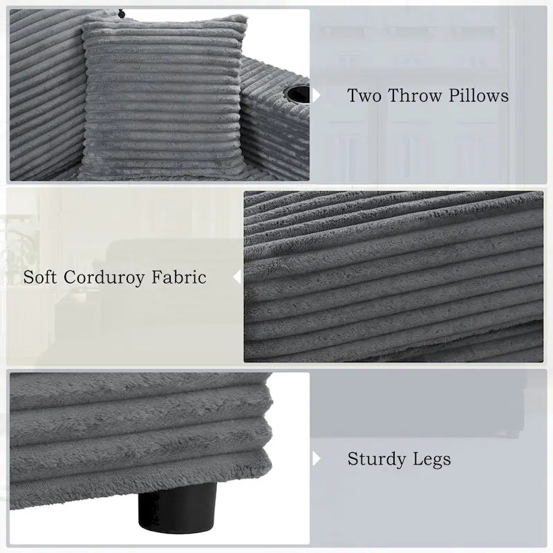 86.5 Corduroy Chaise Lounge Sofa Bed with USB Ports, Cup Holders and 8 Thick Cushions