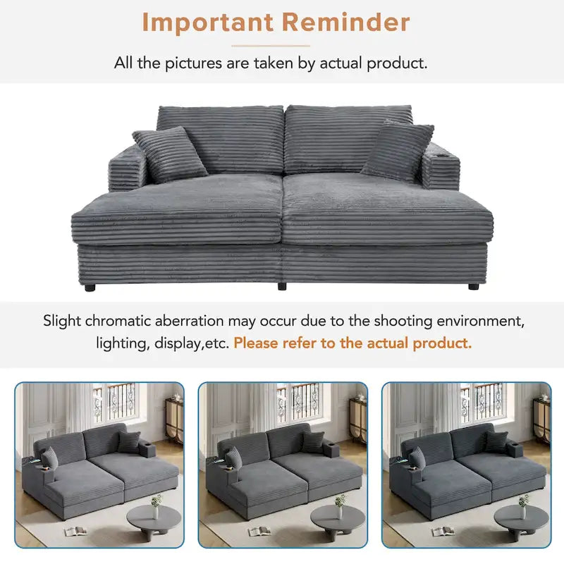 86.5 Corduroy Chaise Lounge Sofa Bed with USB Ports, Cup Holders and 8 Thick Cushions