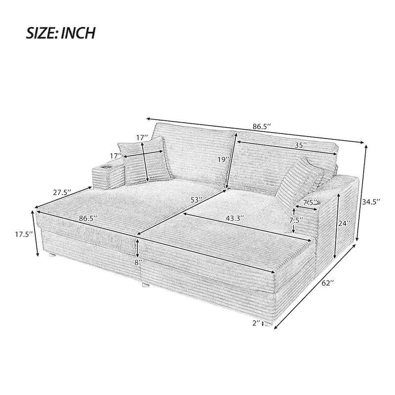 86.5 Corduroy Chaise Lounge Sofa Bed with USB Ports, Cup Holders and 8 Thick Cushions