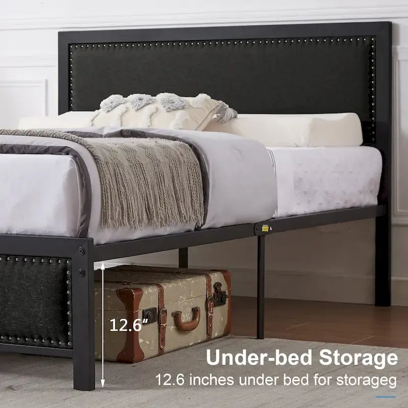 VECELO Bed Frame with Upholstered Linen Headboard and Footboard, Heavy-Duty Platform with Strong Metal Slats