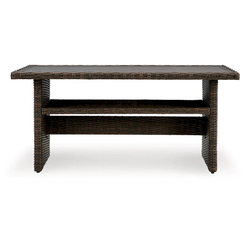 Soha 59 Inch Outdoor Multi Use Dining Table, Resin Wicker with Shelf, Brown