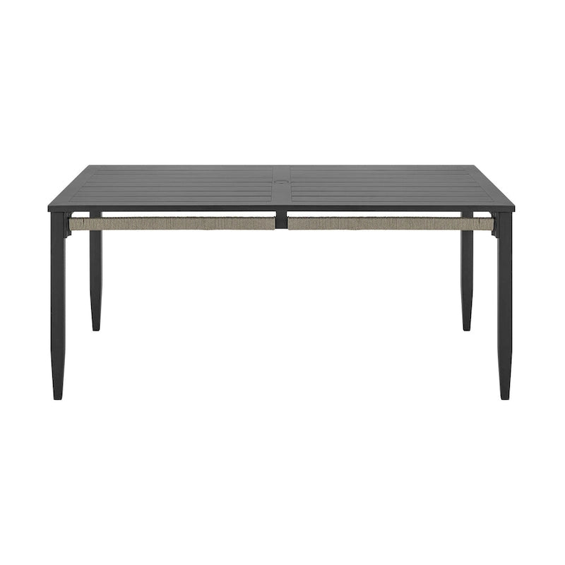 Hosa 66 Inch Outdoor Dining Table, Rectangular Slatted Top, Gray Rope Apron