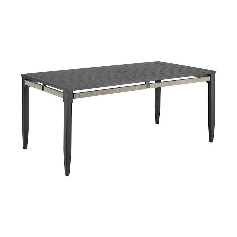 Hosa 66 Inch Outdoor Dining Table, Rectangular Slatted Top, Gray Rope Apron