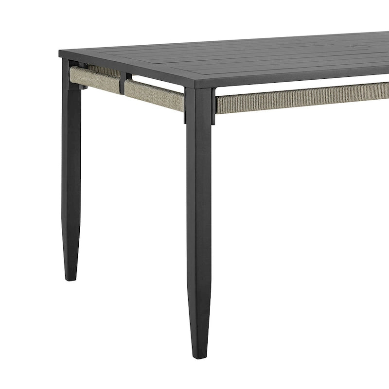 Hosa 66 Inch Outdoor Dining Table, Rectangular Slatted Top, Gray Rope Apron