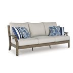 Inaya Outdoor Sofa, 4 Throw Pillows, Cream White, 89 Inch Brown Metal
