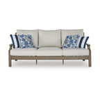 Inaya Outdoor Sofa, 4 Throw Pillows, Cream White, 89 Inch Brown Metal