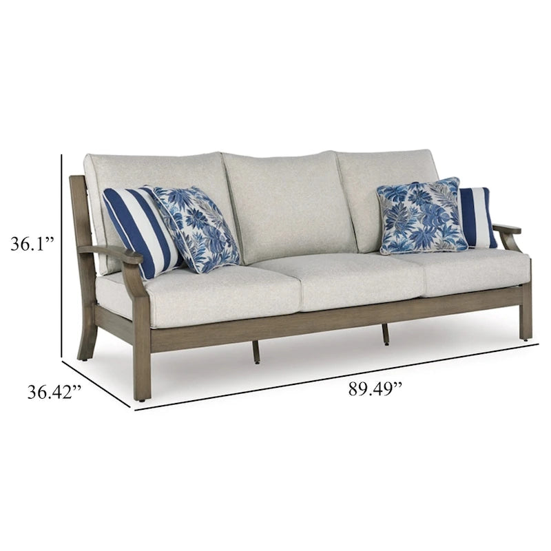 Inaya Outdoor Sofa, 4 Throw Pillows, Cream White, 89 Inch Brown Metal